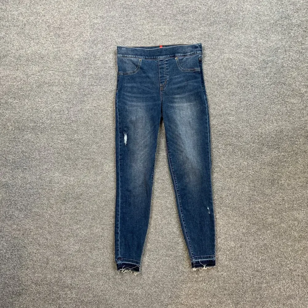 Spanx Jeans Womens M Medium Distressed Ankle Skinny High Rise Frayed Hem Pull On